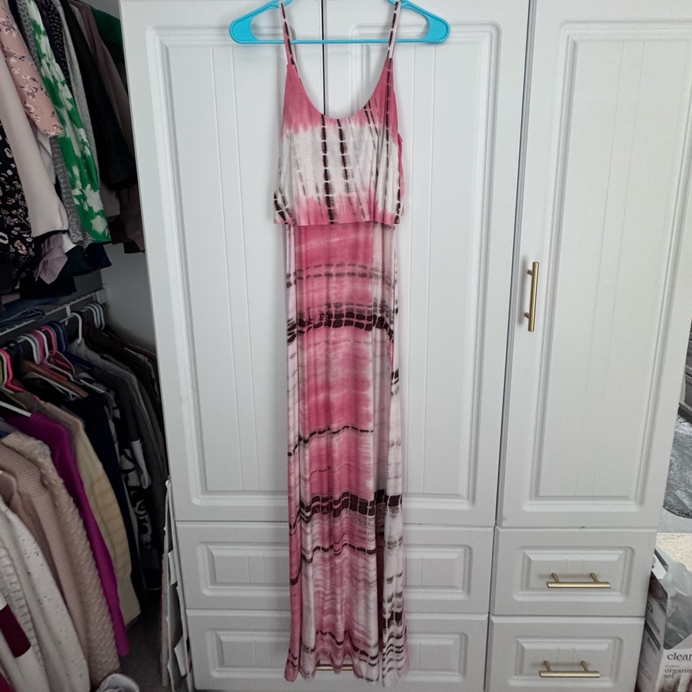 VENUS Pink and White Spaghetti Strap flutter maxi Sundress